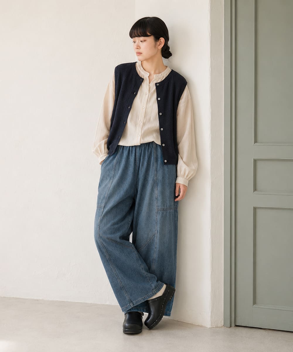 【 後ろ姿が可愛いポイント 】Brocante ブロカント ポムパンツ レディース デニムパンツ サルエルパンツ10ozデニム ゆったり ボリュームシルエット ウエストゴム 綿100％ コットン 日本製 ユーズド加工 ジーンズ ( 33-411D ) ドミンゴ おしゃれ アーベン_bro_lpg