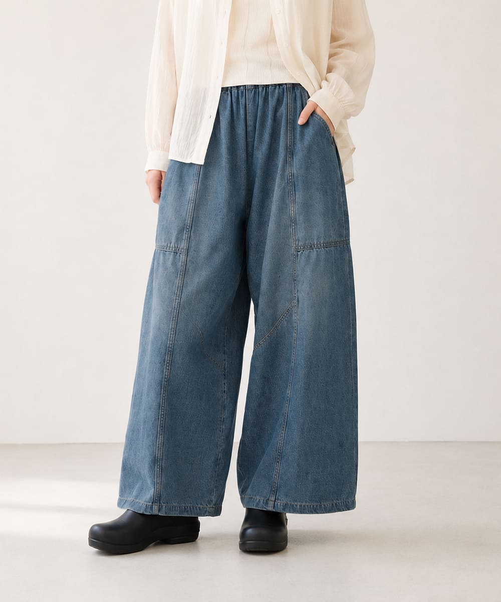 【 後ろ姿が可愛いポイント 】Brocante ブロカント ポムパンツ レディース デニムパンツ サルエルパンツ10ozデニム ゆったり ボリュームシルエット ウエストゴム 綿100％ コットン 日本製 ユーズド加工 ジーンズ ( 33-411D ) ドミンゴ おしゃれ アーベン_bro_lpg