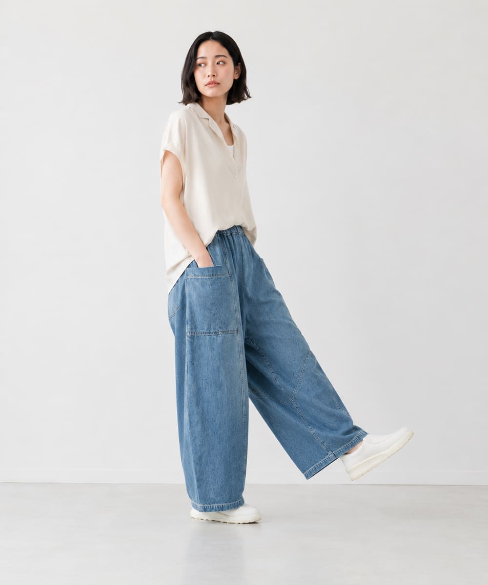 【 後ろ姿が可愛いポイント 】Brocante ブロカント ポムパンツ レディース デニムパンツ サルエルパンツ10ozデニム ゆったり ボリュームシルエット ウエストゴム 綿100％ コットン 日本製 ユーズド加工 ジーンズ ( 33-411D ) ドミンゴ おしゃれ アーベン_bro_lpg