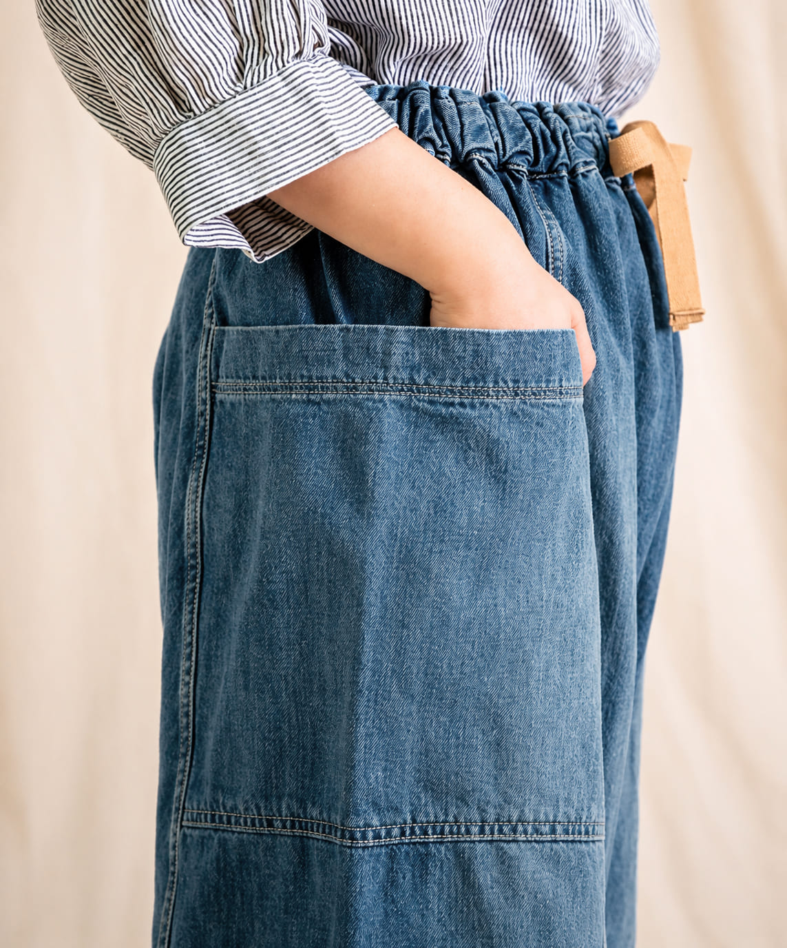 【 後ろ姿が可愛いポイント 】Brocante ブロカント ポムパンツ レディース デニムパンツ サルエルパンツ10ozデニム ゆったり ボリュームシルエット ウエストゴム 綿100％ コットン 日本製 ユーズド加工 ジーンズ ( 33-411D ) ドミンゴ おしゃれ アーベン_bro_lpg