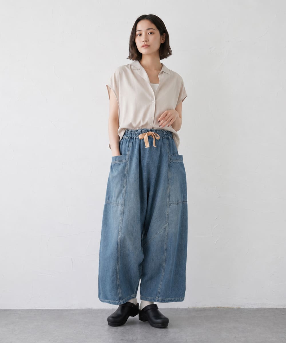 【 後ろ姿が可愛いポイント 】Brocante ブロカント ポムパンツ レディース デニムパンツ サルエルパンツ10ozデニム ゆったり ボリュームシルエット ウエストゴム 綿100％ コットン 日本製 ユーズド加工 ジーンズ ( 33-411D ) ドミンゴ おしゃれ アーベン_bro_lpg