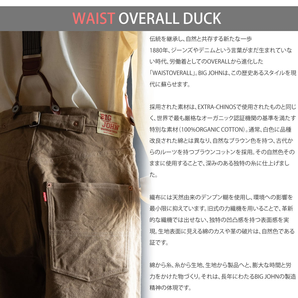 【ジーンズのルーツ ウエストオーバーオール】ブラウンダックパンツ ビッグジョン 14オンス セルビッチ ワイドストレート BIG JOHN WAISTOVERALL DUCK (M101S(41)) ブラウンコットンリラックスフィット ボタンフライ メンズ - 画像3