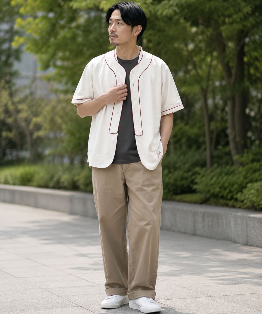 FOB FACTORY デニム ベースボールシャツ F3490 【日本製】綿麻 8oz ライトオンス 半袖 シャツ ボックスシルエット