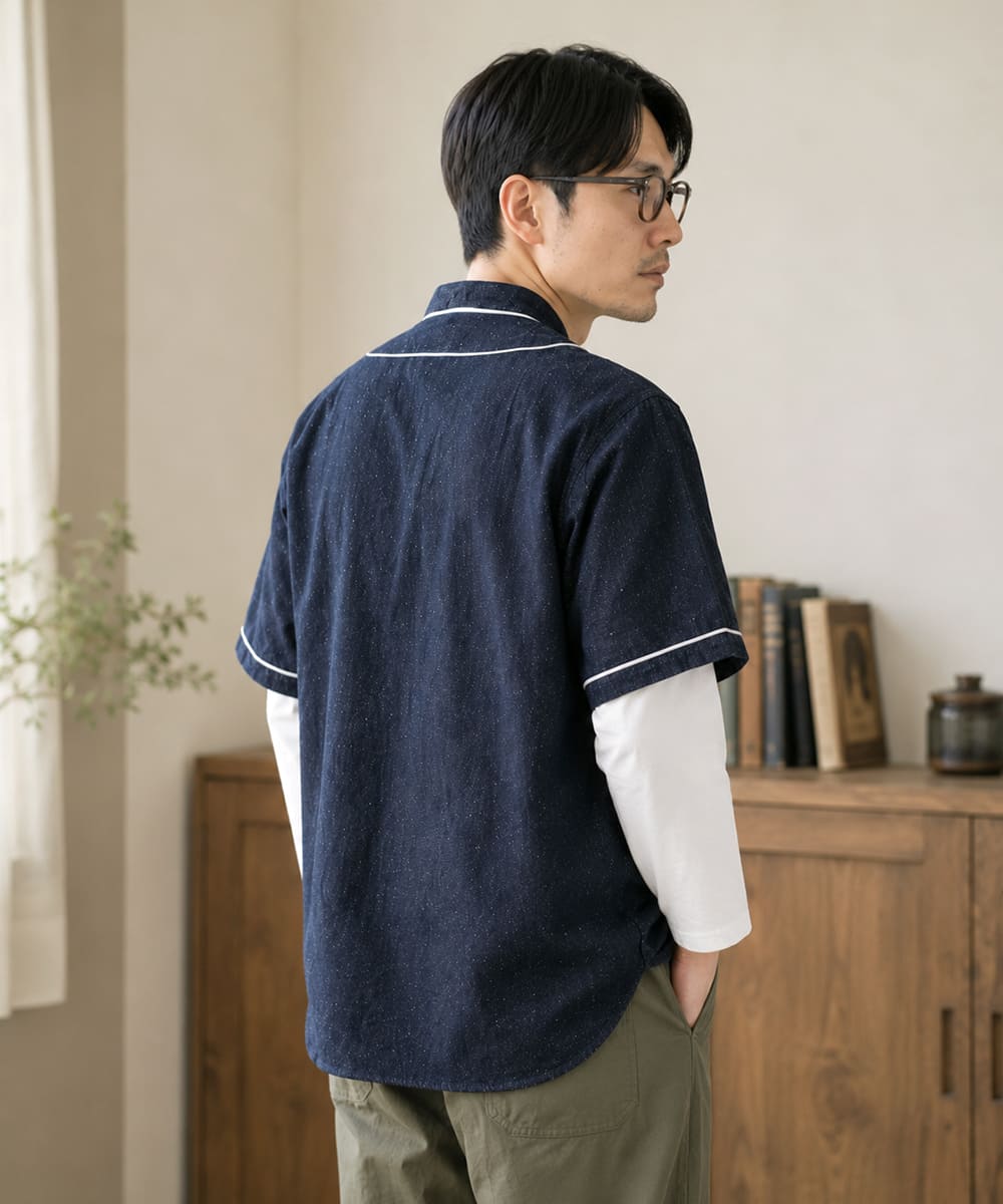 FOB FACTORY デニム ベースボールシャツ F3490 【日本製】綿麻 8oz ライトオンス 半袖 シャツ ボックスシルエット
