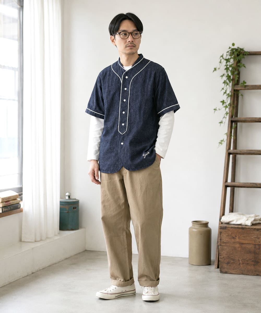 FOB FACTORY デニム ベースボールシャツ F3490 【日本製】綿麻 8oz ライトオンス 半袖 シャツ ボックスシルエット