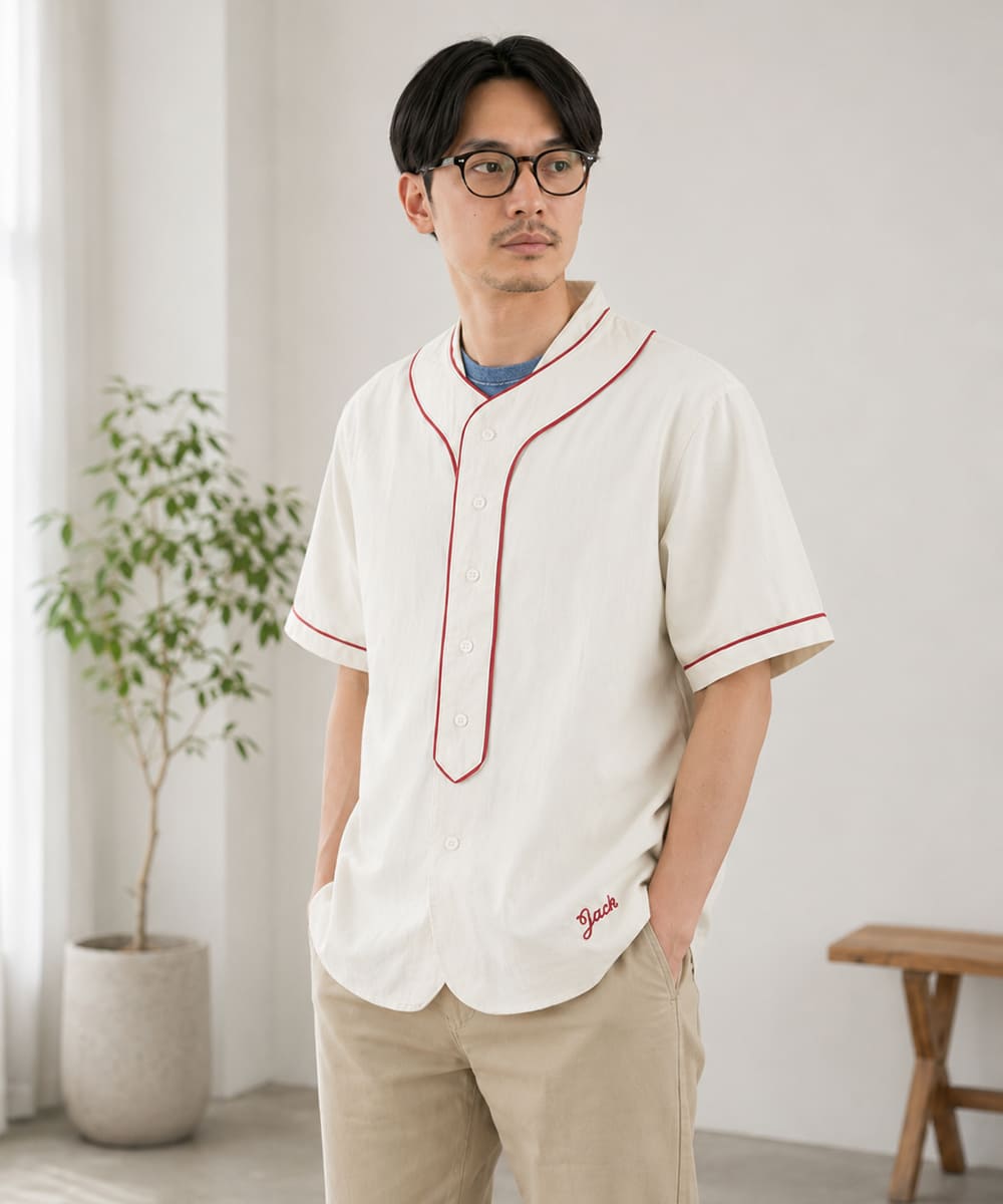 FOB FACTORY デニム ベースボールシャツ F3490 【日本製】綿麻 8oz ライトオンス 半袖 シャツ ボックスシルエット