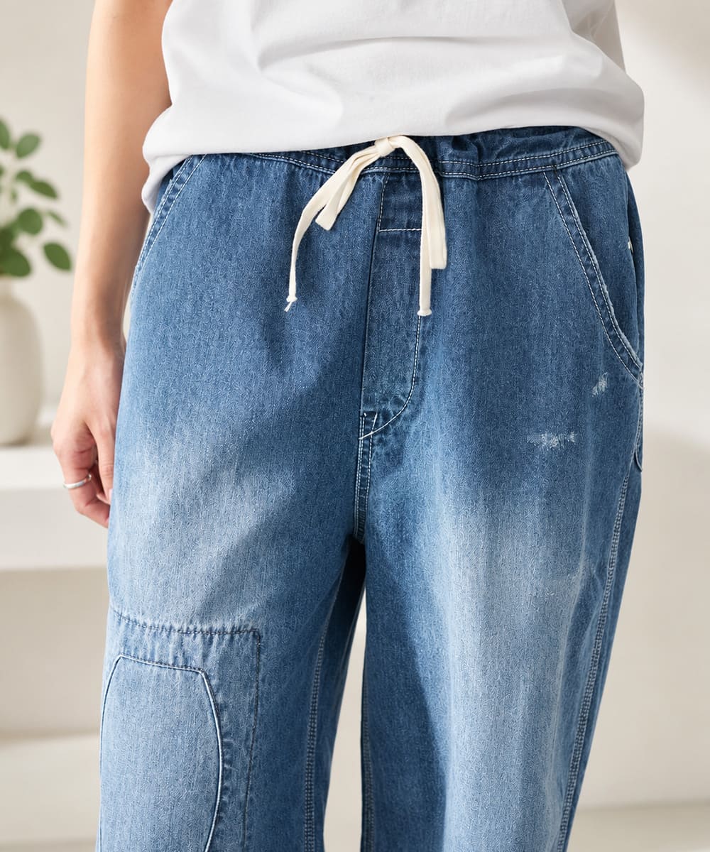 JOHNBULL ジョンブル ライトデニム ビブレスワークパンツ レディース デニムパンツ イージーパンツ ワイドパンツ 8オンス ダメージ加工 リペア加工 ヴィンテージ ワークパンツ ゆったり JL262P07