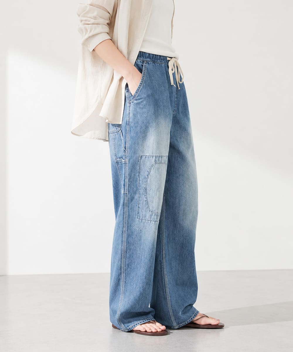 JOHNBULL ジョンブル ライトデニム ビブレスワークパンツ レディース デニムパンツ イージーパンツ ワイドパンツ 8オンス ダメージ加工 リペア加工 ヴィンテージ ワークパンツ ゆったり JL262P07