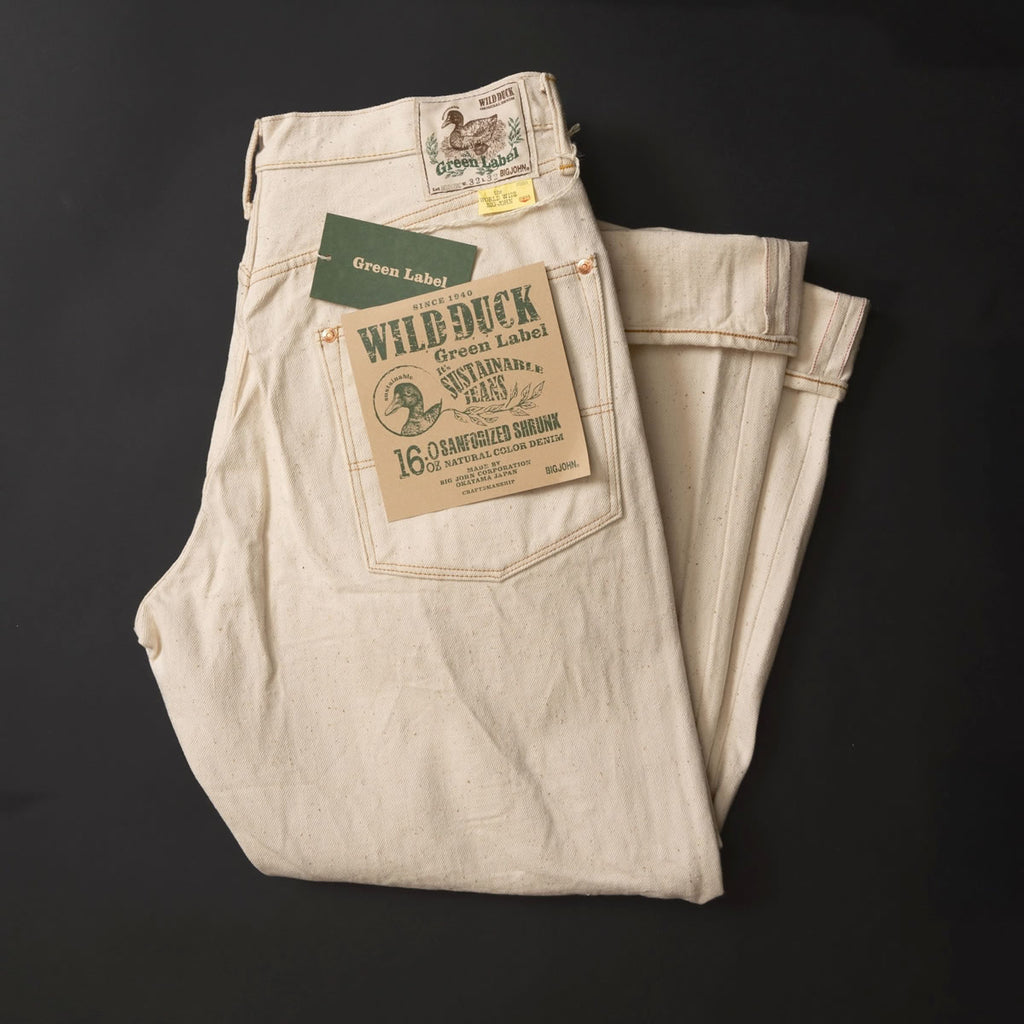 【 地球と共生するジーンズ 】BIG JOHN ビッグジョン 生成り キナリ ワイルドダック ワイドストレートジーンズ 16oz セルビッチデニムパンツ 落ち綿 グリーンレーベル ( M1012RC (66) ) 未染色 ナチュラル WILD DUCK JEANS ボタンフライ メンズ 日本製
