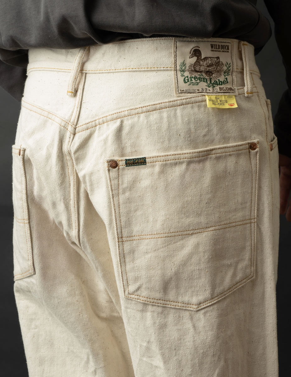 【 地球と共生するジーンズ 】BIG JOHN ビッグジョン 生成り キナリ ワイルドダック ワイドストレートジーンズ 16oz セルビッチデニムパンツ 落ち綿 グリーンレーベル ( M1012RC (66) ) 未染色 ナチュラル WILD DUCK JEANS ボタンフライ メンズ 日本製