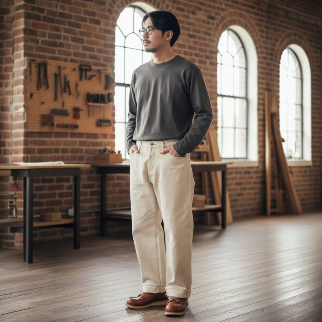 【 地球と共生するジーンズ 】BIG JOHN ビッグジョン 生成り キナリ ワイルドダック ワイドストレートジーンズ 16oz セルビッチデニムパンツ 落ち綿 グリーンレーベル ( M1012RC (66) ) 未染色 ナチュラル WILD DUCK JEANS ボタンフライ メンズ 日本製