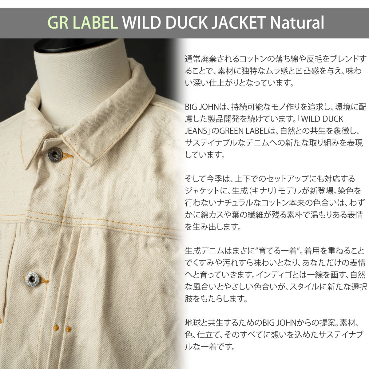 【 地球と共生するGジャン 】BIG JOHN ビッグジョン 生成り キナリ ワイルドダックジャケット 16oz セルビッチデニム 落ち綿 Gジャン グリーンレーベル ( M6013RC (66) ) 未染色 WILD DUCK JACKET サステイナブル アウター メンズ アメカジ ワーク 日本製 アーベン_bjn_moj