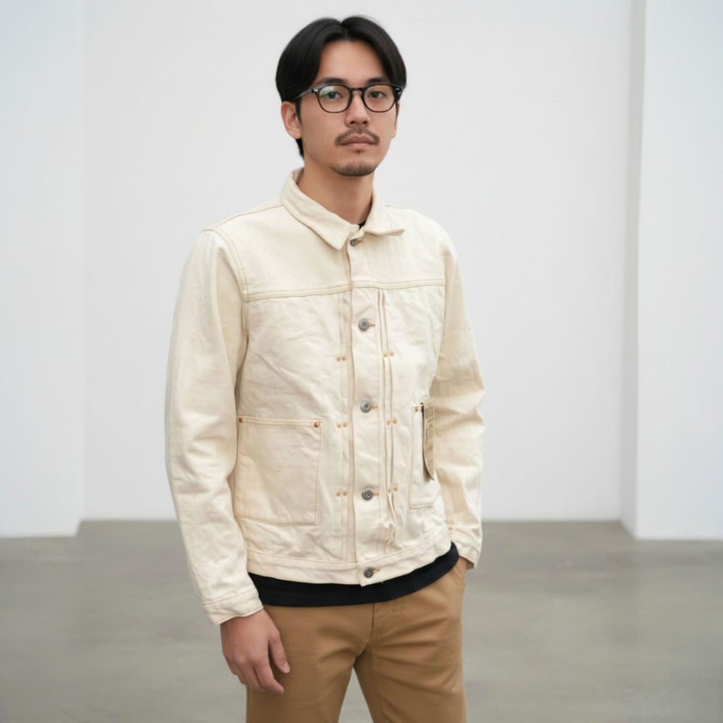 【 地球と共生するGジャン 】BIG JOHN ビッグジョン 生成り キナリ ワイルドダックジャケット 16oz セルビッチデニム 落ち綿 Gジャン グリーンレーベル ( M6013RC (66) ) 未染色 WILD DUCK JACKET サステイナブル アウター メンズ アメカジ ワーク 日本製 アーベン_bjn_moj