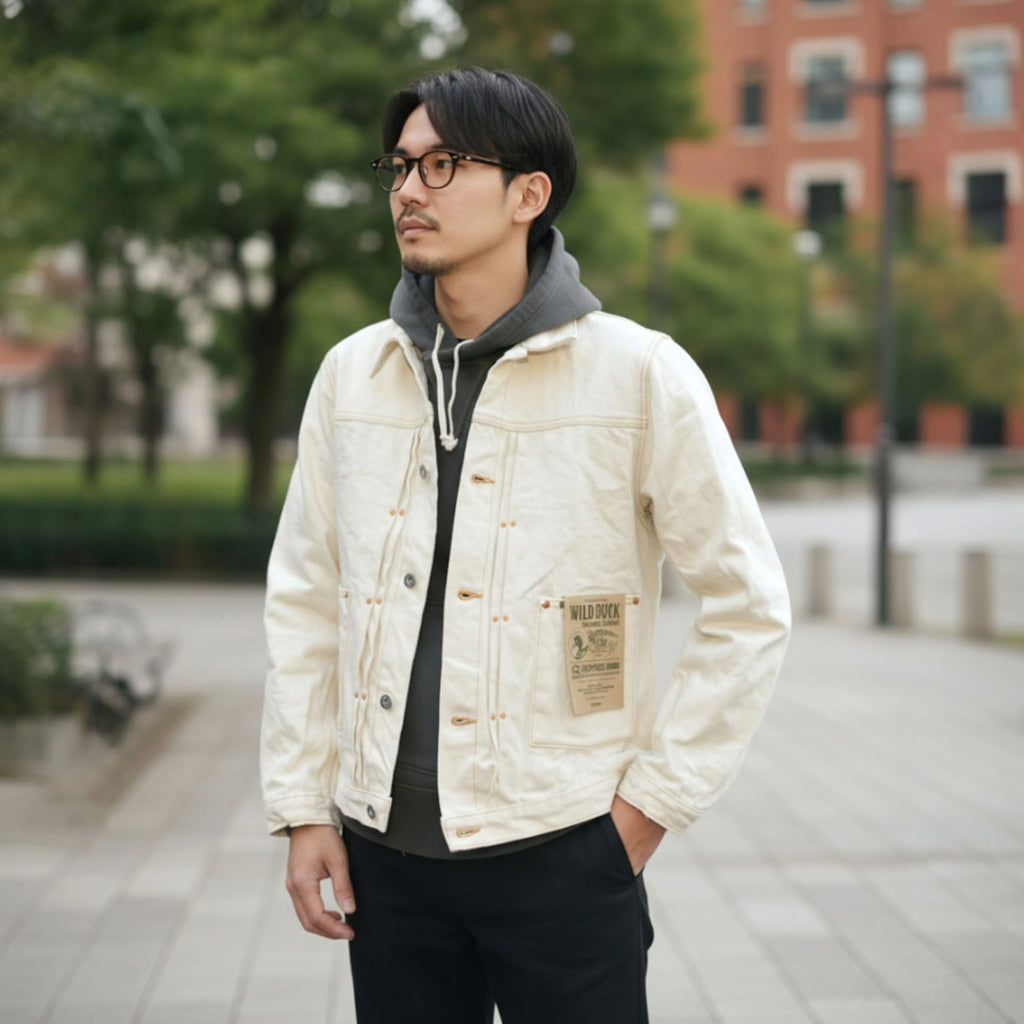 【 地球と共生するGジャン 】BIG JOHN ビッグジョン 生成り キナリ ワイルドダックジャケット 16oz セルビッチデニム 落ち綿 Gジャン グリーンレーベル ( M6013RC (66) ) 未染色 WILD DUCK JACKET サステイナブル アウター メンズ アメカジ ワーク 日本製 アーベン_bjn_moj