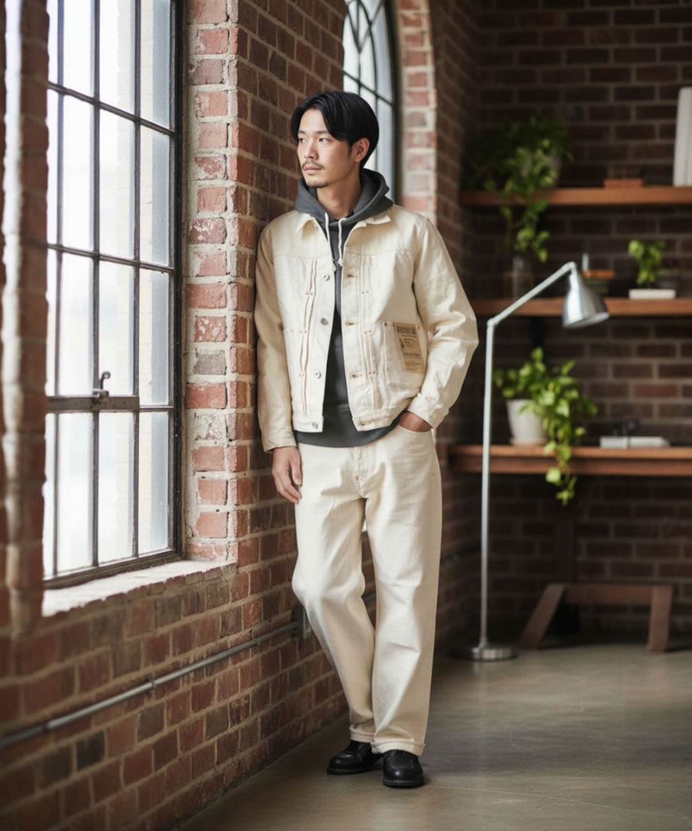 【 地球と共生するGジャン 】BIG JOHN ビッグジョン 生成り キナリ ワイルドダックジャケット 16oz セルビッチデニム 落ち綿 Gジャン グリーンレーベル ( M6013RC (66) ) 未染色 WILD DUCK JACKET サステイナブル アウター メンズ アメカジ ワーク 日本製 アーベン_bjn_moj